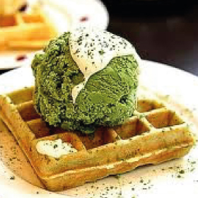 waffles with green tea ice-cream
